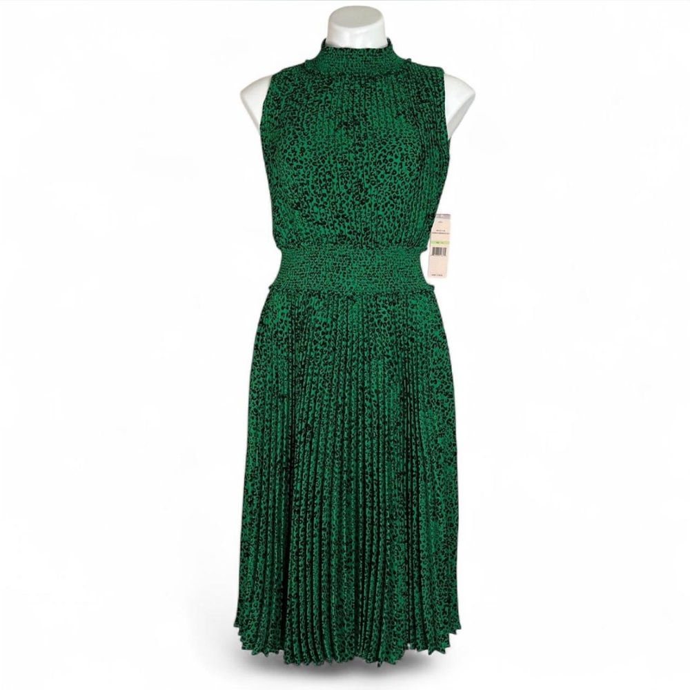 Nanette Lepore Green Pleated Leopard Midi Flare Party Dress Mock Neck Sleeveless